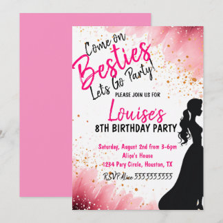 Besties Doll Pink Glitzer Party Geburtstag Einladung