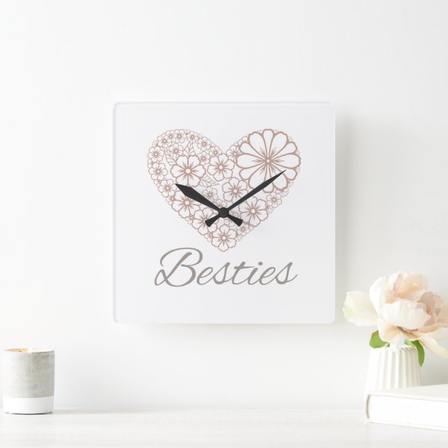 Besties Floral Neutral Heart, Friendship Gift Quadratische Wanduhr (Zuhause)