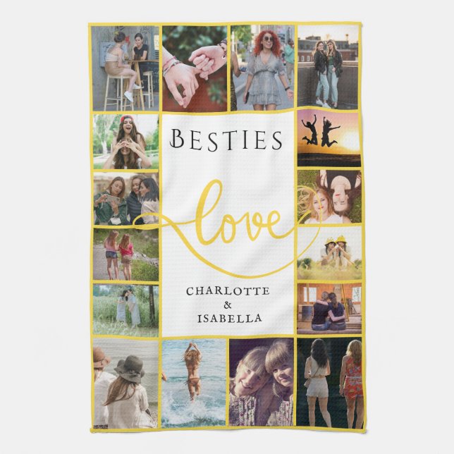 Besties Forever 16-Foto Collage mit Namen Geschirrtuch (Vertikal)