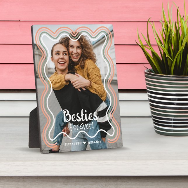 Besties Forever Foto Retro Wavy Rainbow Border Fotoplatte (Besties Forever Photo Retro Wavy Rainbow Border Plaque)