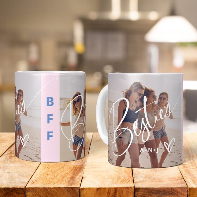 Besties in Trendy Script | Zwei Fotos mit Herz Kaffeetasse (A stylish and trendy mug with photos for your bestie)
