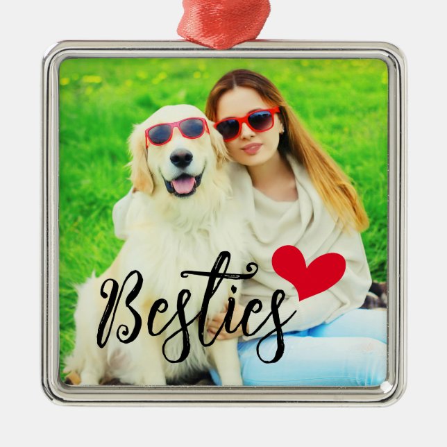 Besties Niedlich Hund Mama Rotes Herz Foto Ornament Aus Metall (Vorne)
