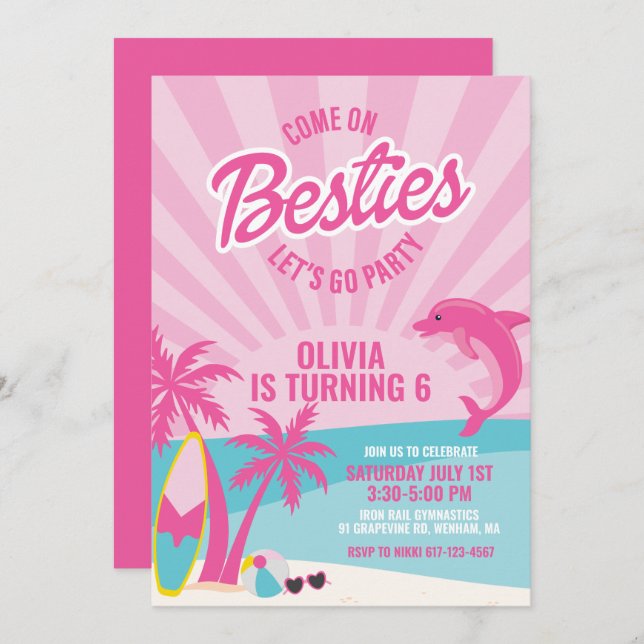 Besties pink malibu Strand Geburtstag Einladung (Vorne/Hinten)