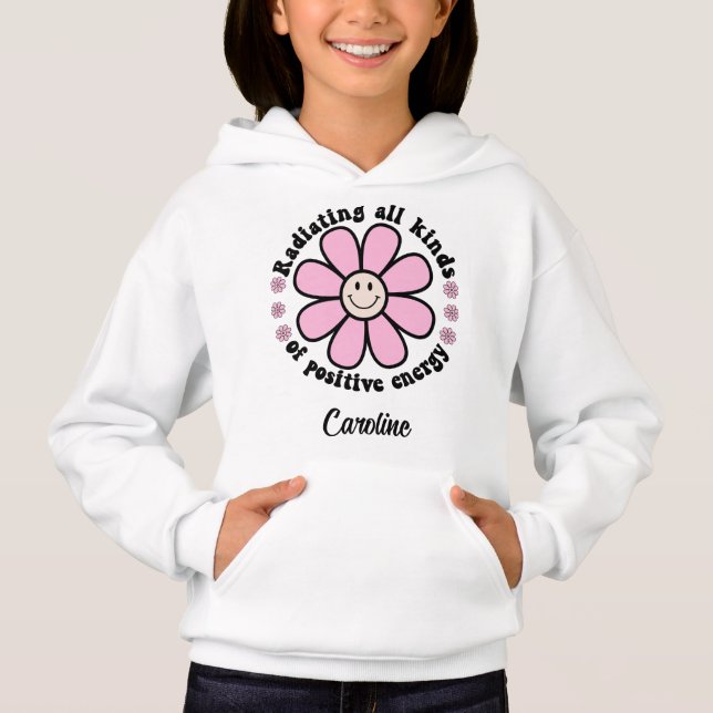 Bestrahlte Positive Energie Pink Happy Blume Hoodie (Vorderseite)