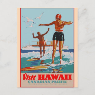 Besuch Hawaii - Surfen - Vintage - Reise Postkarte