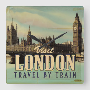 Besucht London Vintage Poster Quadratische Wanduhr