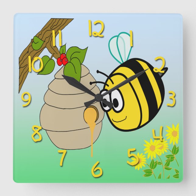Besy Bee Niedlich Kid's Square Wall Clock Quadratische Wanduhr (Vorderseite)