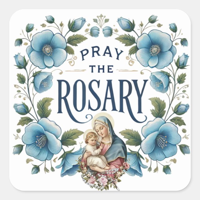 Bete die Rosary Blue Floral Jungfrau Mary Jesus Quadratischer Aufkleber (Vorderseite)