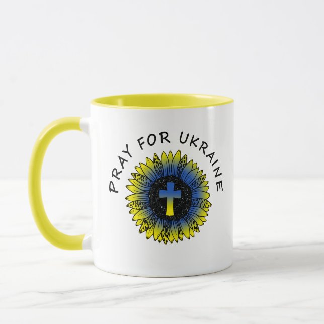 Beten Sie für die Ukraine Sonnenblumen und Cross T Tasse (Links)