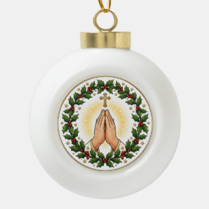 Betende Hände Weihnachts-Holly-Kranz Keramik Kugel-Ornament