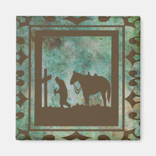Betender Cowboy mit Pferd am Kreuz Magnet