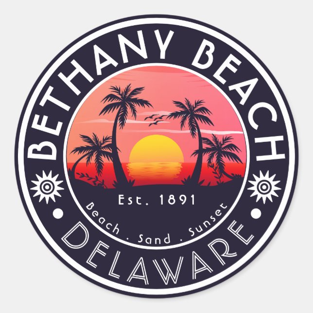 Bethany Beach Delaware Sunset Beach Palm Tree 80er Runder Aufkleber (Vorderseite)