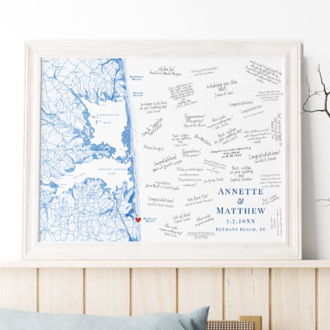 Bethany Beach Hochzeit Elegantes Gästebuch Poster (Bethany Beach Map Poster Alternative Wedding Guest book in elegant navy blue by Coastal Map Designs)