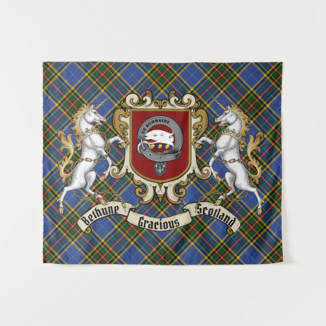 Bethune Clan Abzeichen & Unicorns w/Tartan Wandteppich (Vorderseite (Horizontal))