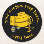 Betonmischer Runder Pappuntersetzer<br><div class="desc">Mini-Betonmischer mit Rädern. Vector Icon mit anpassbaren Farben. Benutzerdefinierte Hintergrundfarbe. Eigener Text.</div>