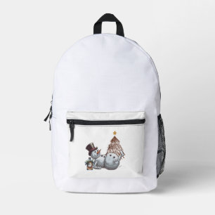 Betrunkener Schneemann mit einer Flasche Whiskey. Bedruckter Rucksack