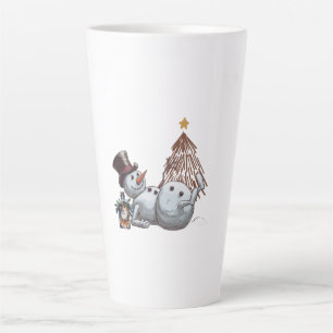 Betrunkener Schneemann mit einer Flasche Whiskey. Milchtasse