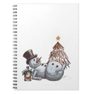 Betrunkener Schneemann mit einer Flasche Whiskey. Notizblock