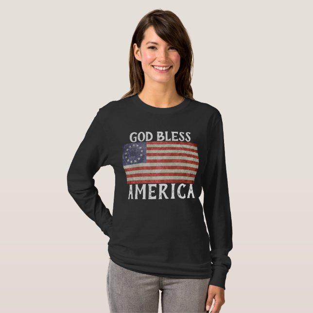 Betsy Ross Flag lange Ärmel Gott segne Amerika T-Shirt (Vorne ganz)
