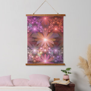 Bett aus Blumen Bunte Glänzende Abstrakte Fraktal Wandteppich Mit Holzrahmen