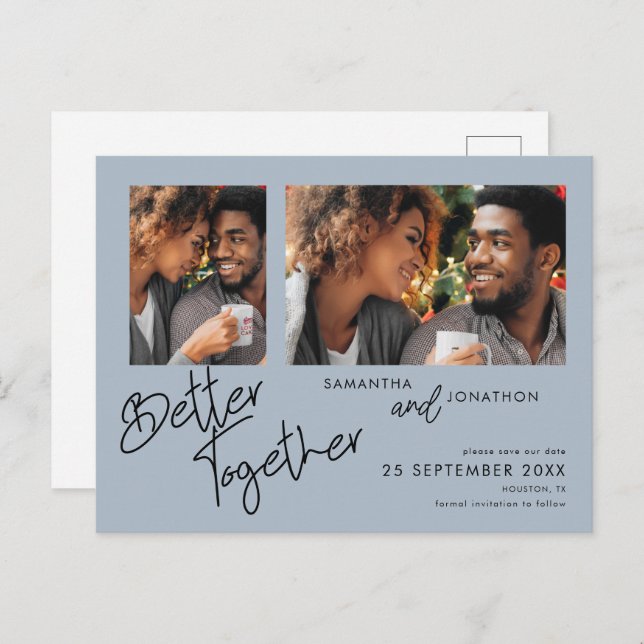 Better Together 2 Foto Dusty Blue Save the Date Ankündigungspostkarte (Vorne/Hinten)