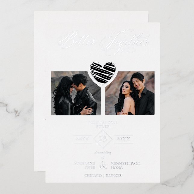 Better Together Quote Black Silver Heart 2 Photos Folieneinladung (Vorderseite/Rückseite)