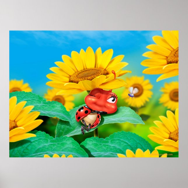 Bettkunstschläfrige Ladybug und Sonnenblumen Poster (Vorne)