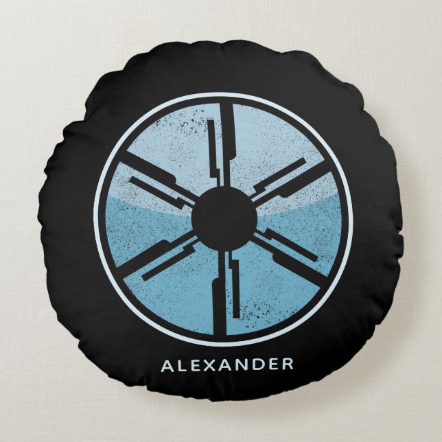 Beunruhigender kosmischer Raum Blue Ombre SciFi Fu Rundes Kissen (Vorderseite)