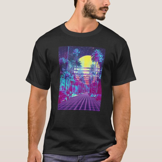Beverly Hill Retrowave Split Sunset Boulevard Cars T-Shirt (Vorderseite)