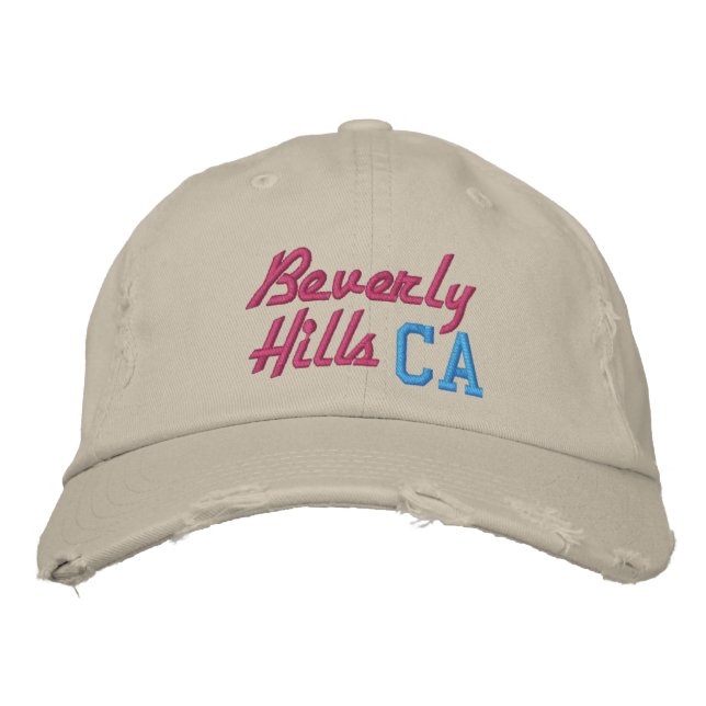 Beverly Hills CA Pink und Türkis Vintager Stil Bestickte Baseballkappe (Vorderseite)
