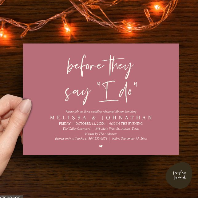 Bevor sie "Ja" sagen, Hochzeitsprobe-Dinner Einladung (Before They Say "I Do", Modern Wedding Rehearsal Dinner Invitation Card in Dusty Rose Gold)