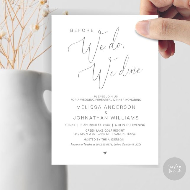 Bevor wir das tun, essen wir, Hochzeit Probe Abend Einladung (Before We Do, We Dine, Wedding Rehearsal Dinner Invitation Card, PDF, in Dark Grey)