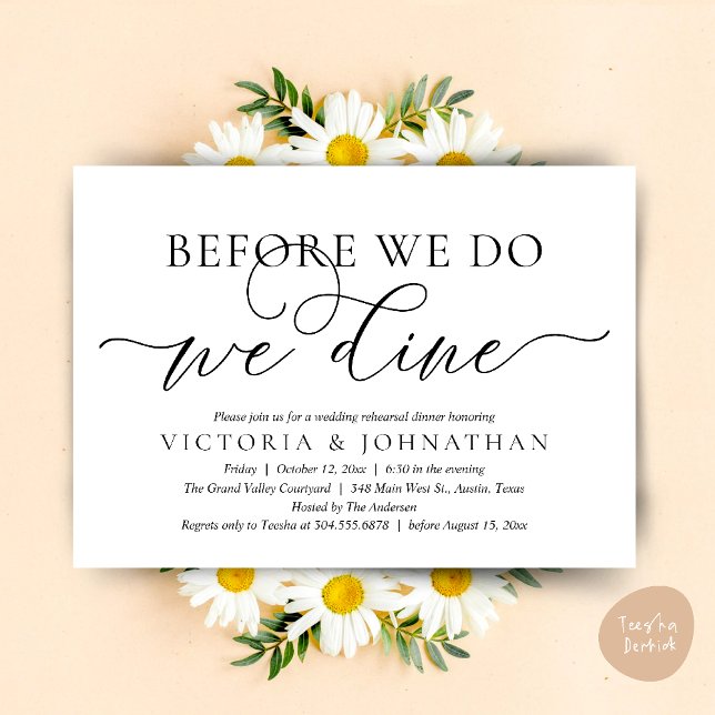 Bevor wir es tun, essen wir, Hochzeit Probe Abende Einladung (Before We Do, We Dine,  Wedding Rehearsal Dinner Party Classy Romantic Invites Card PDF White Black)