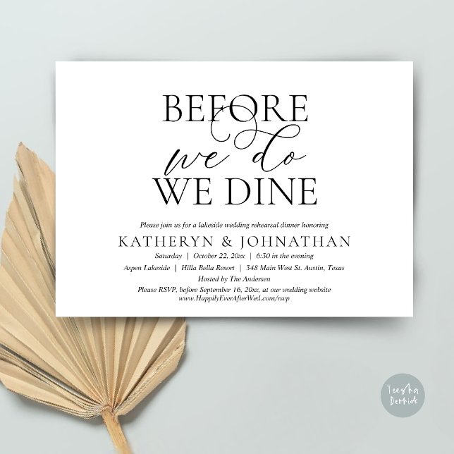 Bevor wir es tun, essen wir, Hochzeit Probe Abende Einladung (Before We Do, We Dine, Wedding Rehearsal Dinner Invitation Card, PDF, in Romantic Script, Black)
