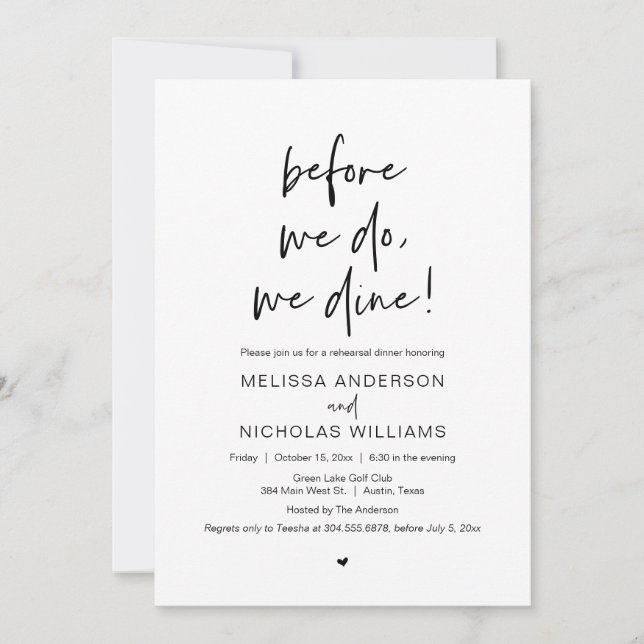 Bevor wir es tun, essen wir, Hochzeit Probe Dinner Einladung (Vorderseite)