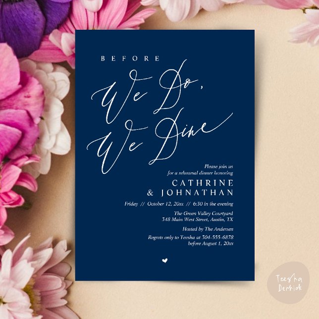 Bevor wir essen, essen wir Hochzeit Probe Dinner Einladung (Before we do, we dine, Modern Wedding Rehearsal Romantic Dinner Invitation Card PDF Navy Blue)