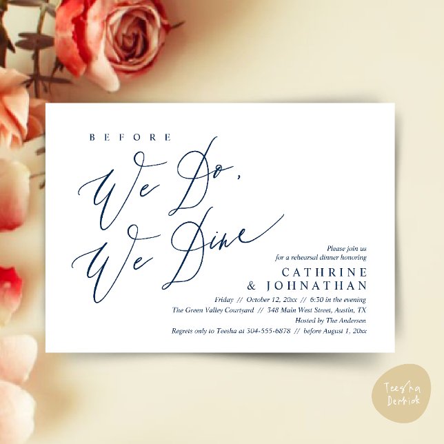 Bevor wir essen, essen wir Hochzeit Probe Dinner Einladung (Before we do, we dine, Modern Wedding Rehearsal Romantic Dinner Invitation Card PDF Navy Blue)