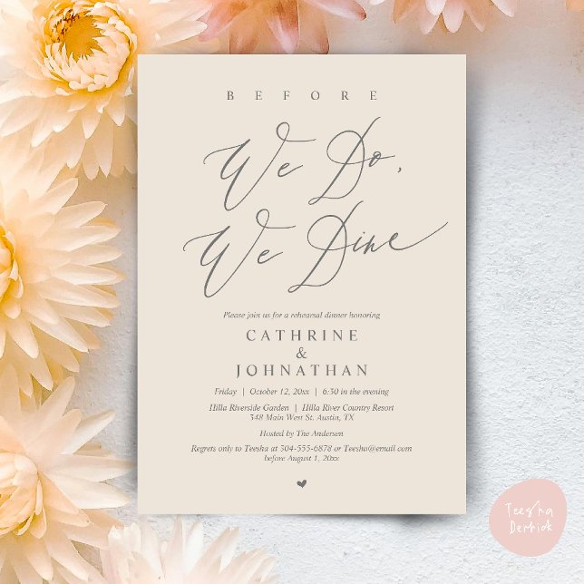 Bevor wir essen, essen wir Hochzeit Probe Dinner Einladung (Before we do, we dine, Modern Wedding Rehearsal Romantic Dinner Invitation Card PDF Cream Grey)
