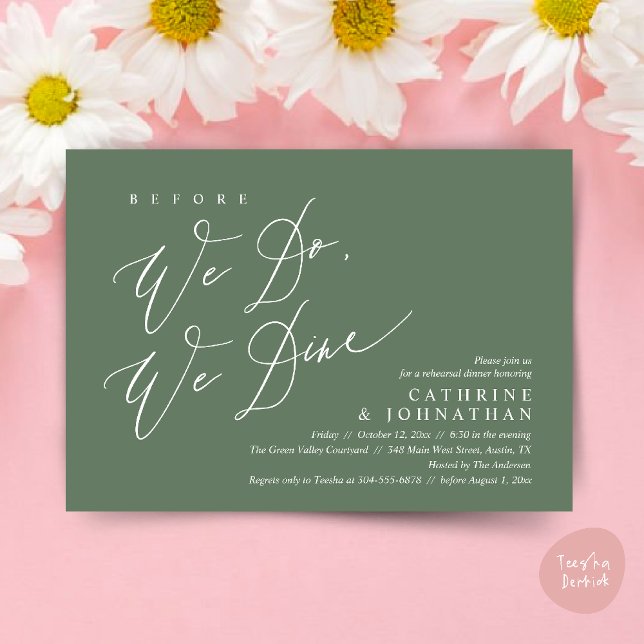 Bevor wir essen, essen wir Hochzeit Probe Dinner Einladung (Before we do, we dine, Modern Wedding Rehearsal Romantic Dinner Invitation Card PDF Sage Green)
