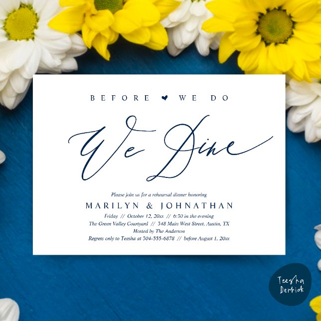 Bevor wir essen, essen wir Hochzeit Probe Dinner Einladung (Before we do, we dine, Modern Wedding Rehearsal Romantic Dinner Invitation Card PDF Navy Blue)
