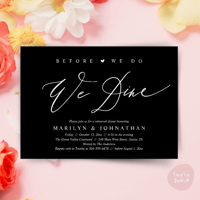 Bevor wir essen, essen wir Hochzeit Probe Dinner Einladung (Before we do, we dine, Modern Wedding Rehearsal Romantic Dinner Invitation Card PDF Classy Black)