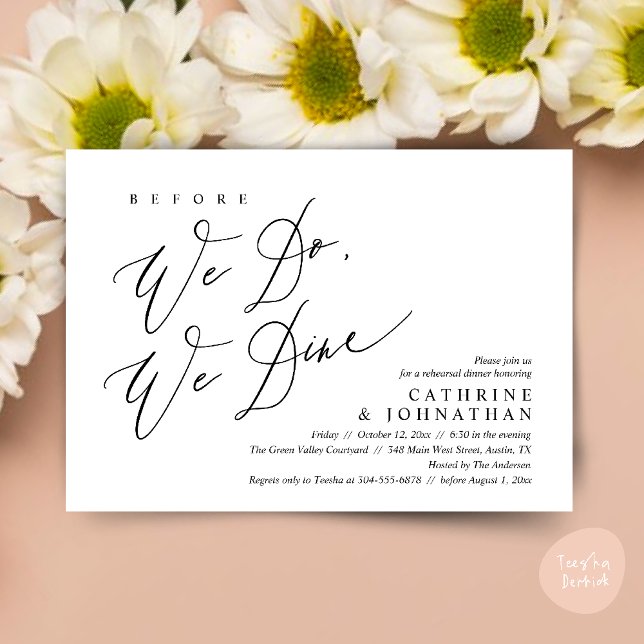 Bevor wir essen, essen wir Hochzeit Probe Dinner Einladung (Before we do, we dine, Modern Wedding Rehearsal Romantic Dinner Invitation Card PDF Black White)