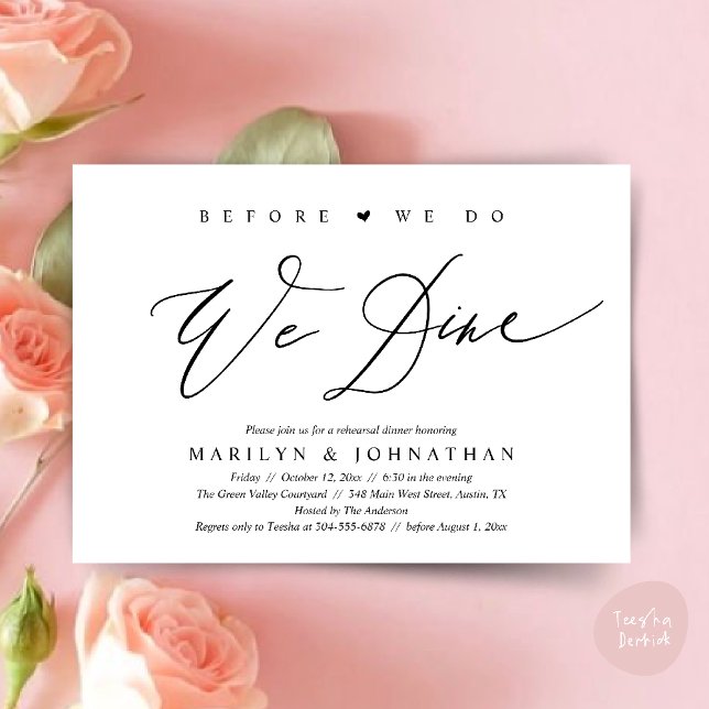 Bevor wir essen, essen wir Hochzeit Probe Dinner Einladung (Before we do, we dine, Modern Wedding Rehearsal Romantic Dinner Invitation Card PDF Black White)