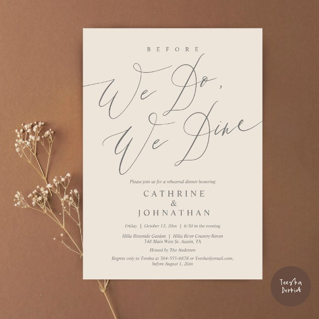 Bevor wir essen, essen wir Hochzeit Probe Dinner Einladung (Before we do, we dine, modern romantic wedding rehearsal dinner invitation card, pdf, in Cream grey)