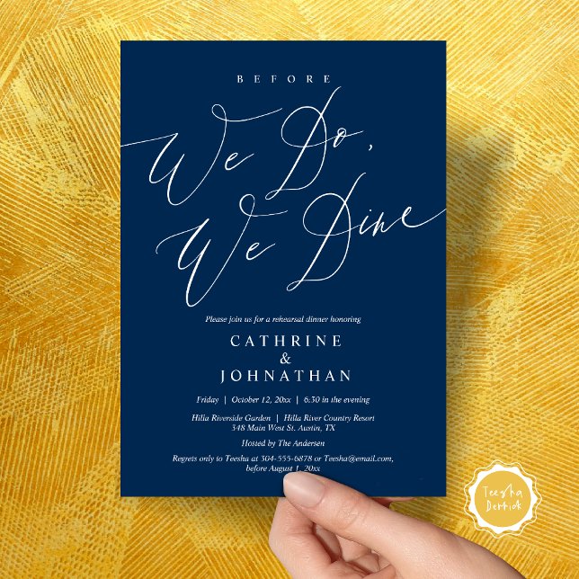 Bevor wir essen, essen wir Hochzeit Probe Dinner Einladung (Before we do, we dine, modern romantic wedding rehearsal dinner invitation card, pdf, in navy blue)