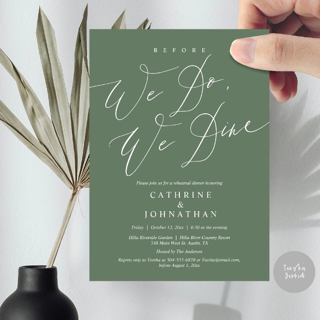 Bevor wir essen, essen wir Hochzeit Probe Dinner Einladung (Before we do, we dine, modern romantic wedding rehearsal dinner invitation card, pdf, in sage green)