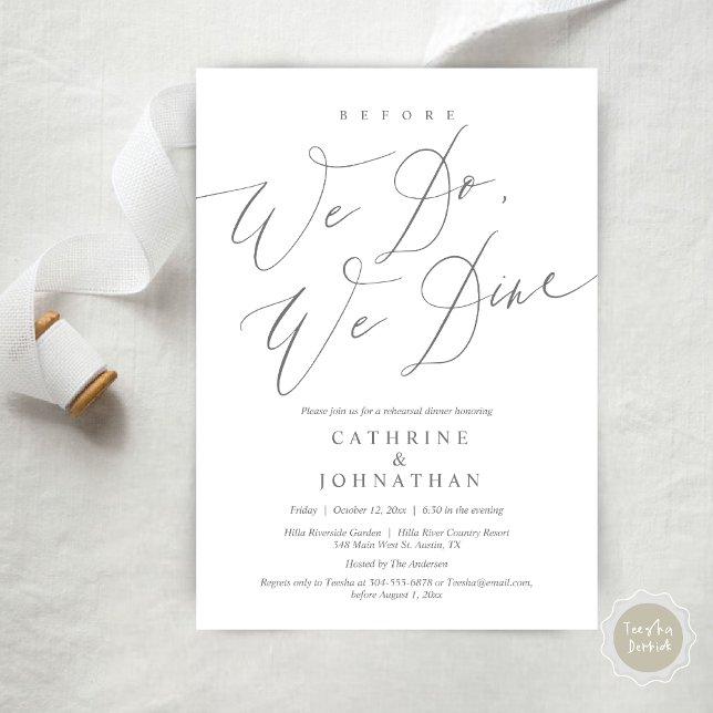 Bevor wir essen, essen wir Hochzeit Probe Dinner Einladung (Before we do, we dine, modern romantic wedding rehearsal dinner invitation card, pdf, in dark grey)