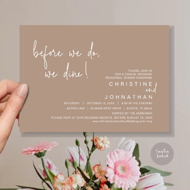 Bevor wir essen, Probe Abendessen, warme Taupe Einladung (Before We Do, We Dine, Wedding Rehearsal Dinner Invitation Card, PDF, in Warm Grey)