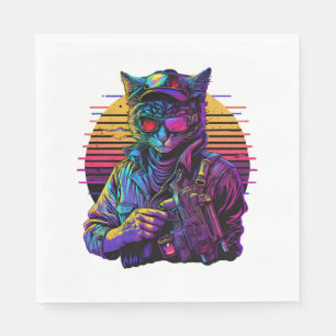 Bewaffnete Katze in Nachtstadt - Cyberpunk-Spiel Serviette