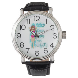 Bewahre Ruhe und surfe auf der braunhaarigen Mädch Armbanduhr